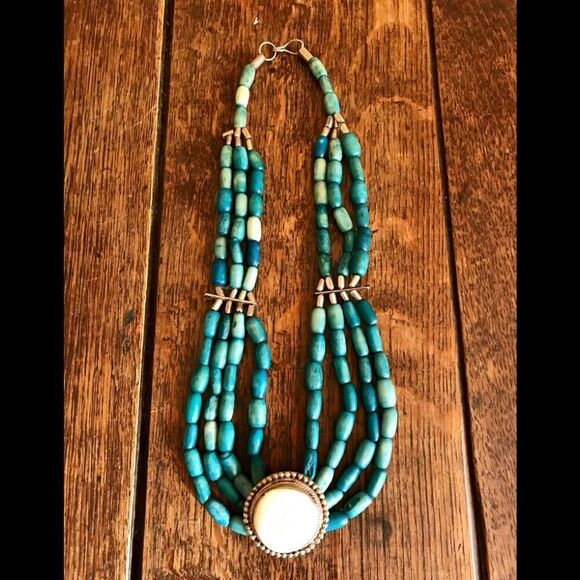 Turquoise Beaded Necklace with Silver Accents - Picture 1 of 4